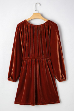 Clay Elastic V Neck Puff Sleeve Flowy Velvet Dress