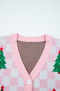 Pink Checkered Christmas Tree Pattern Button V Neck Knit Cardigan