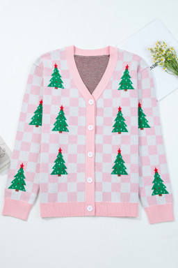 Pink Checkered Christmas Tree Pattern Button V Neck Knit Cardigan