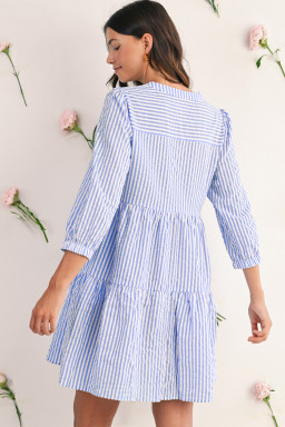 Sky Blue Striped Textured Bracelet Sleeve Tiered Mini Dress