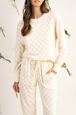 Beige Checkered Print Long Sleeve Loose Fit Pajama Set