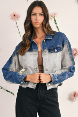 Dusk Blue Patchwork Flap Detail Distress Denim Jacket