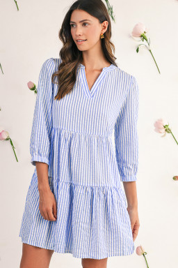 Sky Blue Striped Textured Bracelet Sleeve Tiered Mini Dress
