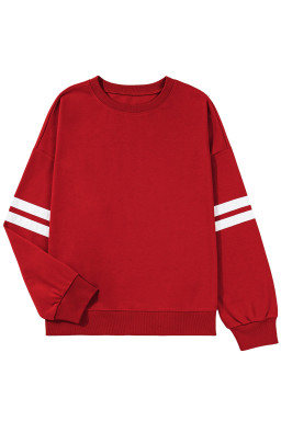 Fiery Red Varsity Striped Detail Plus Size Round Neck Sweatshirt