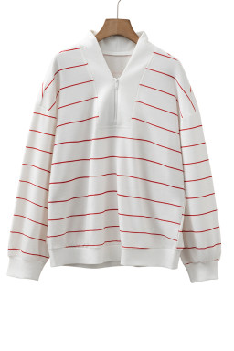 Fiery Red Striped Zipper V-Neck Drop Sleeve Top