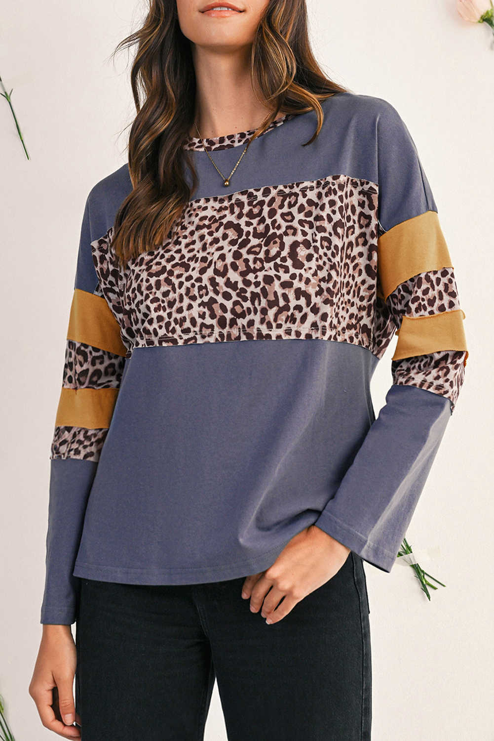 Dark Blue Leopard Colorblock Patchwork Drop Shoulder Top