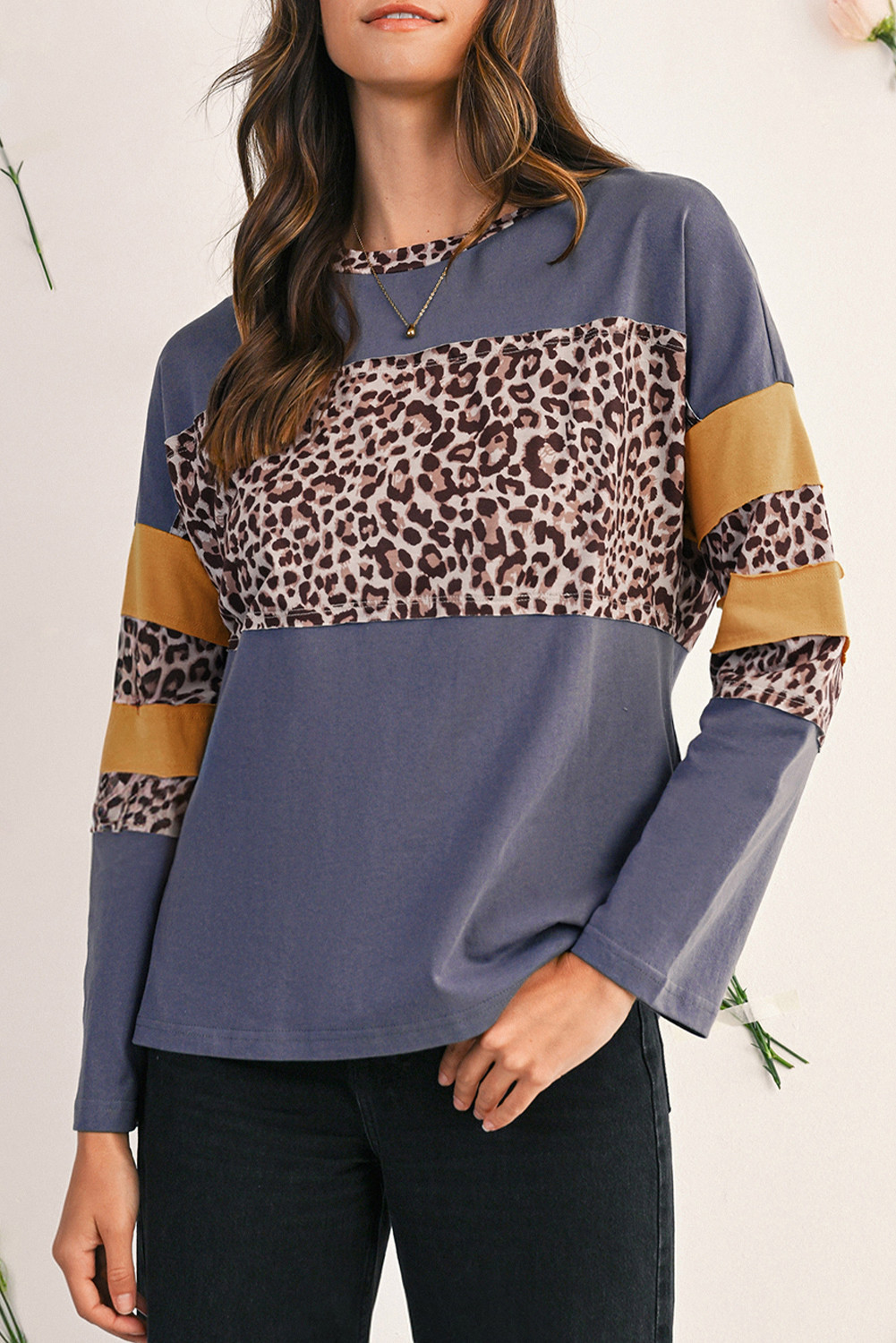 Dark Blue Leopard Colorblock Patchwork Drop Shoulder Top
