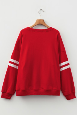 Fiery Red Varsity Striped Detail Plus Size Round Neck Sweatshirt