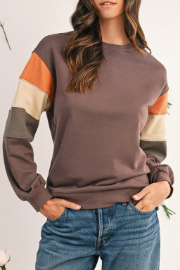 Dark Khaki Colorblock Drop Shoulder Pullover Casual Sweatshirt
