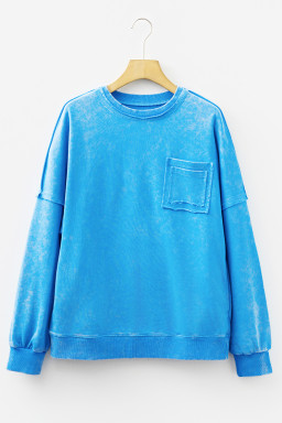 Blue Acid Washed Pocket Pullover Sweatshirt