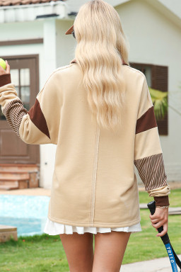 Light French Beige Football Sequins Patch Application Striped Patchwork Polo Sweatshirt