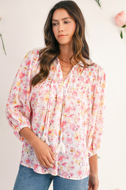Pink Floral Print Tassel Tie Smocked V Neck Puff Sleeve Tunic Blouse