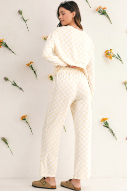 Beige Checkered Print Long Sleeve Loose Fit Pajama Set