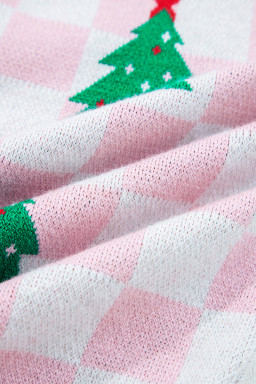 Pink Checkered Christmas Tree Pattern Button V Neck Knit Cardigan