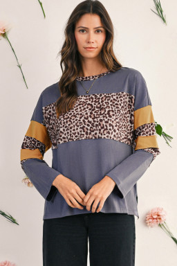 Dark Blue Leopard Colorblock Patchwork Drop Shoulder Top