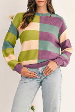 Green Stripe Colorblock Drop Shoulder Ribbed Edge Sweater