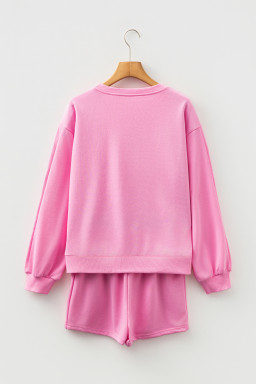 Sachet Pink Bow Embroidery Long Sleeve Pullover and High Waist Shorts Set