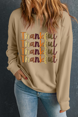 Khaki Thankful Letter Heat Transfer Printing Drop Shoulder Casual Sweatshirt