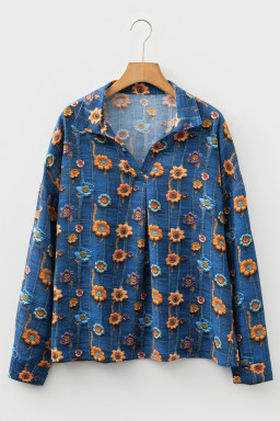 Blue Floral Patchwork Collared V Neck Blouse