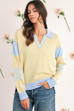 Sky Blue Striped V Neck Collared Colorblock Patchwork Sweater