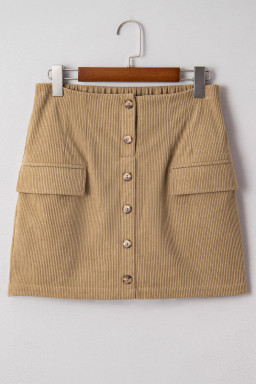 Camel Corduroy Buttoned Front Faux Pockets Mini Skirt