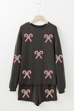 Carbon Grey Twisted Ribbed Candy Cane Sequins Patch Long Sleeve Top and Shorts Set