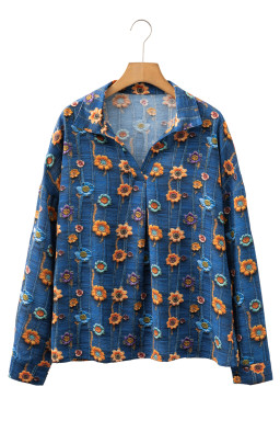 Blue Floral Patchwork Collared V Neck Blouse