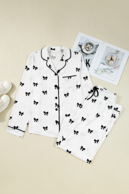 White Bows Print Drawstring Two Piece Pajama Set