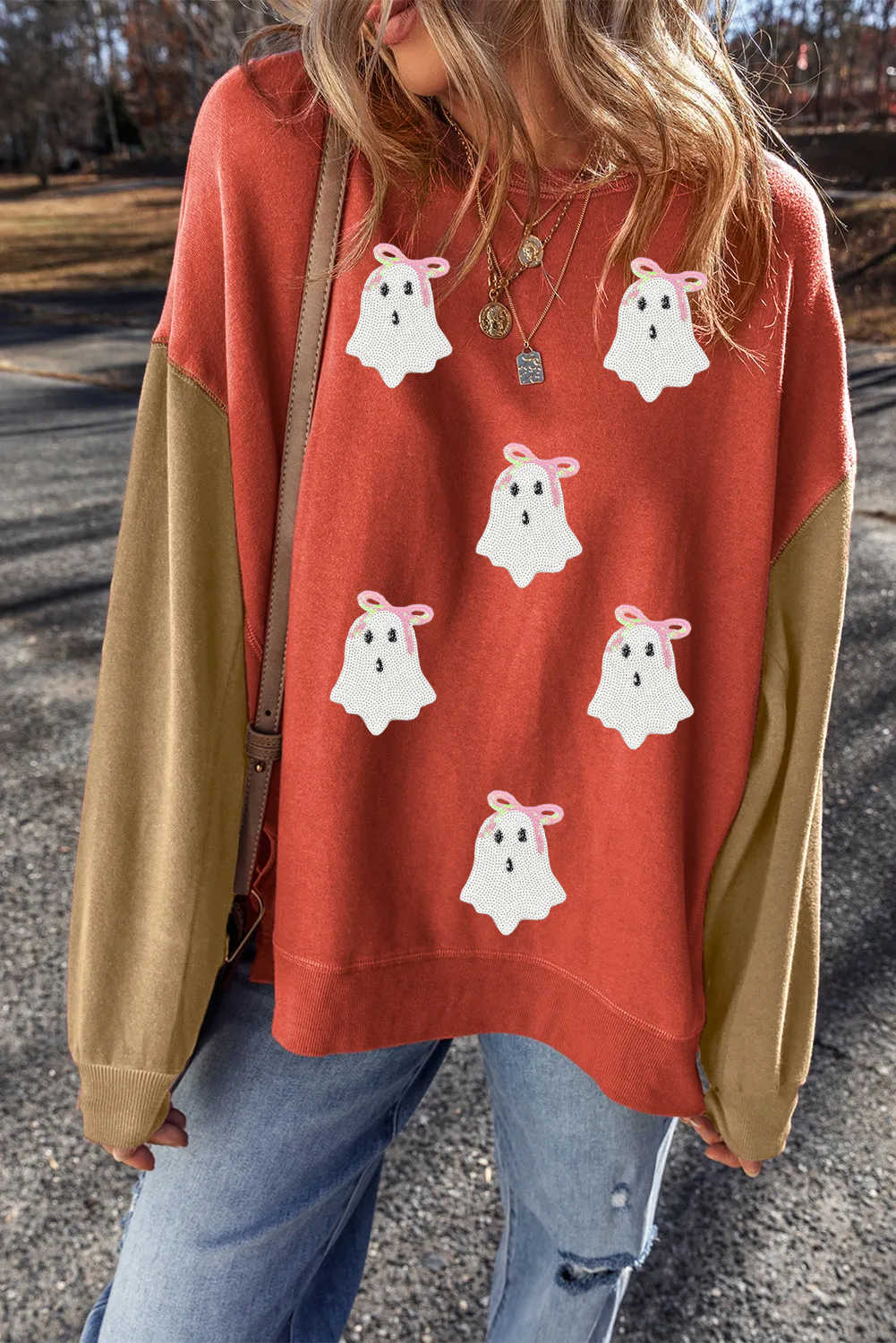 Gold Flame Ghost Sequins Patch Colorblock Sweatshirt