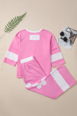 Orchid Bouquet Flower Patched Raw Seam Colorblock Loose Pants Set