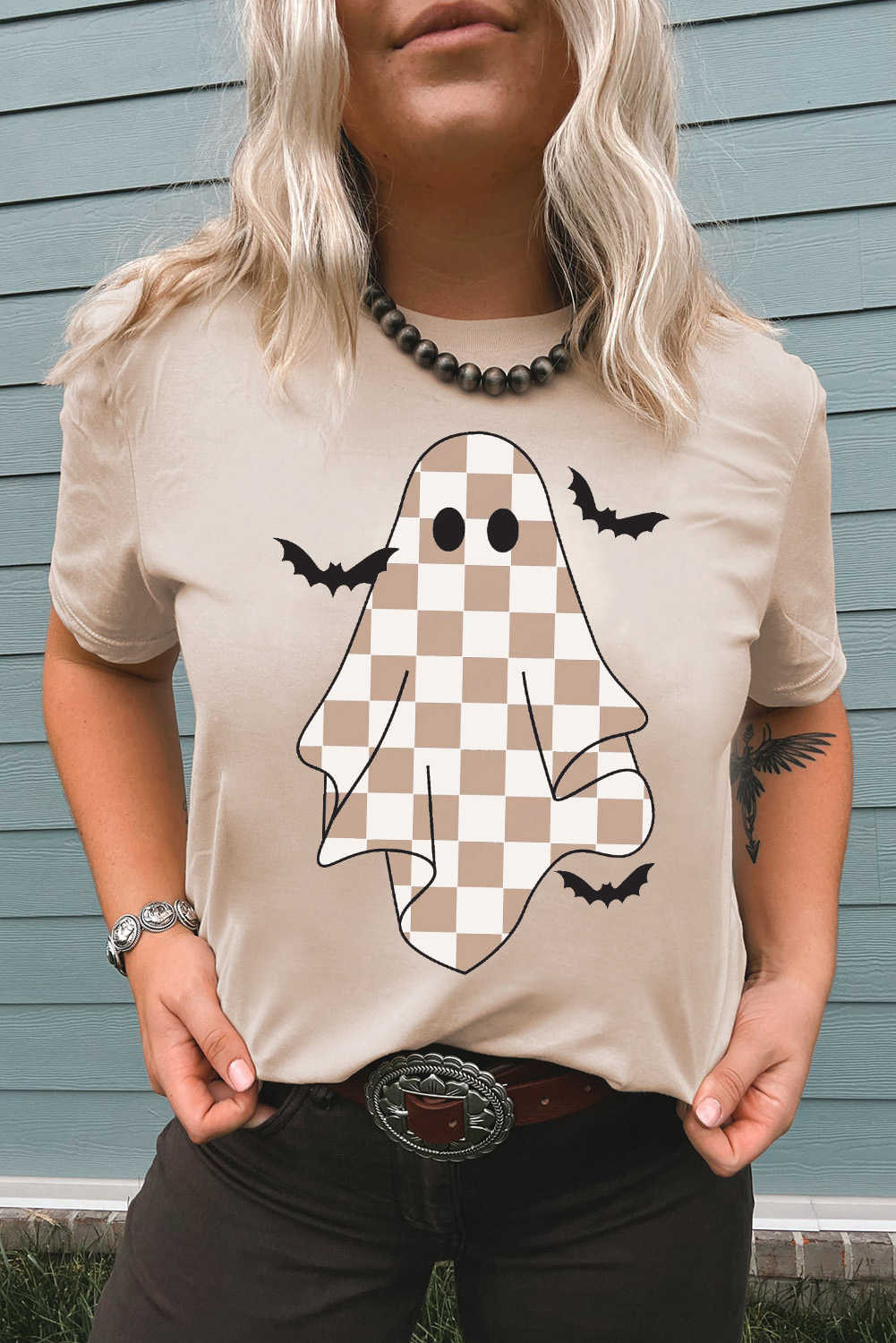 Khaki Ghost Bat Heat Transfer Printing Halloween Holiday Graphic Tee