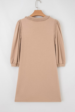 Light French Beige Twist Braided Embellished Puff Sleeve Dress