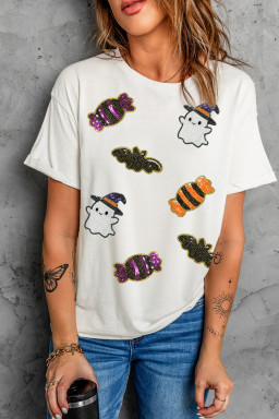 White Sequined Halloween Spirit Pattern Patched Custom Casual Tee