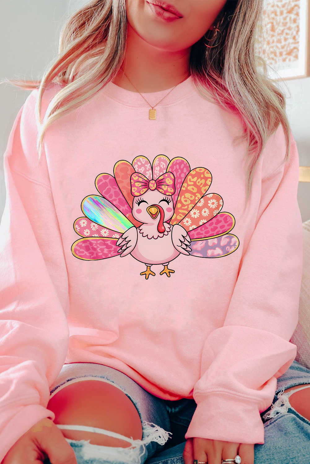 Pink Cute Thanksgiving Turkey Heat Transfer Printing Drop Shoulder Sweatshirt