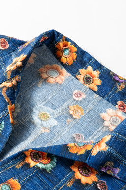 Blue Floral Patchwork Collared V Neck Blouse