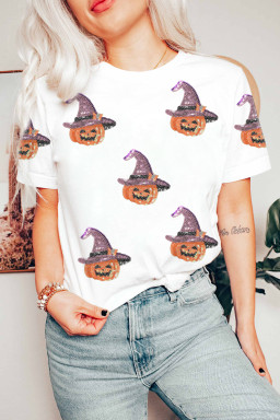 White Pumpkin Witch Sequins Patch Halloween Graphic Tee