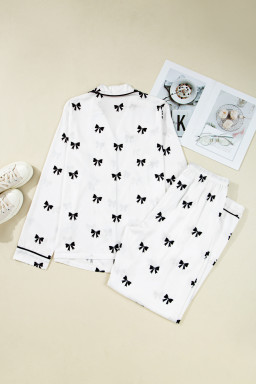 White Bows Print Drawstring Two Piece Pajama Set
