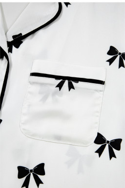 White Bows Print Drawstring Two Piece Pajama Set