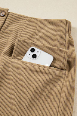 Camel Corduroy Buttoned Front Faux Pockets Mini Skirt