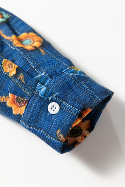 Blue Floral Patchwork Collared V Neck Blouse