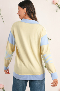 Sky Blue Striped V Neck Collared Colorblock Patchwork Sweater
