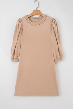 Light French Beige Twist Braided Embellished Puff Sleeve Dress