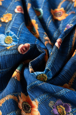 Blue Floral Patchwork Collared V Neck Blouse