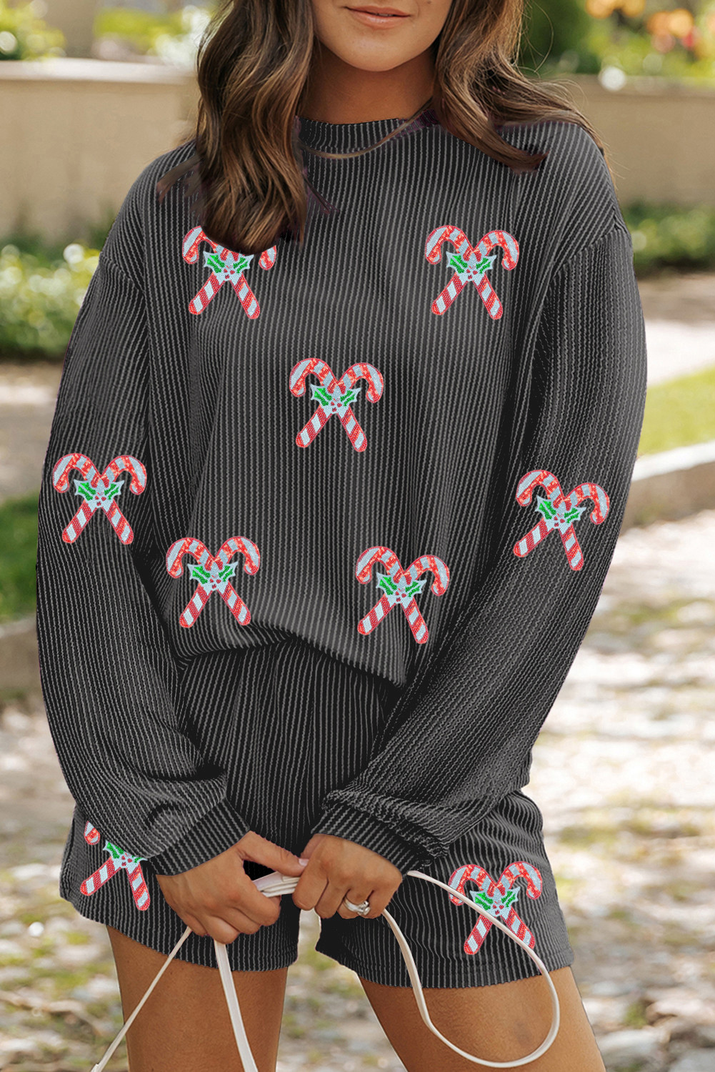Carbon Grey Twisted Ribbed Candy Cane Sequins Patch Long Sleeve Top and Shorts Set