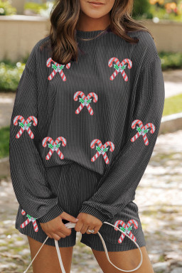 Carbon Grey Twisted Ribbed Candy Cane Sequins Patch Long Sleeve Top and Shorts Set