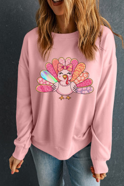 Pink Cute Thanksgiving Turkey Heat Transfer Printing Drop Shoulder Sweatshirt
