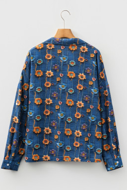 Blue Floral Patchwork Collared V Neck Blouse