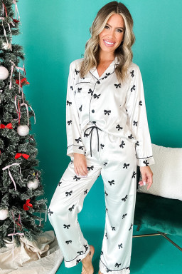 White Bows Print Drawstring Two Piece Pajama Set