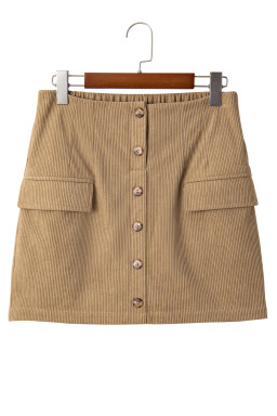 Camel Corduroy Buttoned Front Faux Pockets Mini Skirt