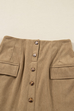 Camel Corduroy Buttoned Front Faux Pockets Mini Skirt